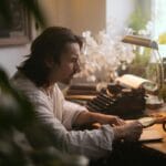 Mężczyzna z lupą analizuje rękopis w przytulnym gabinecie